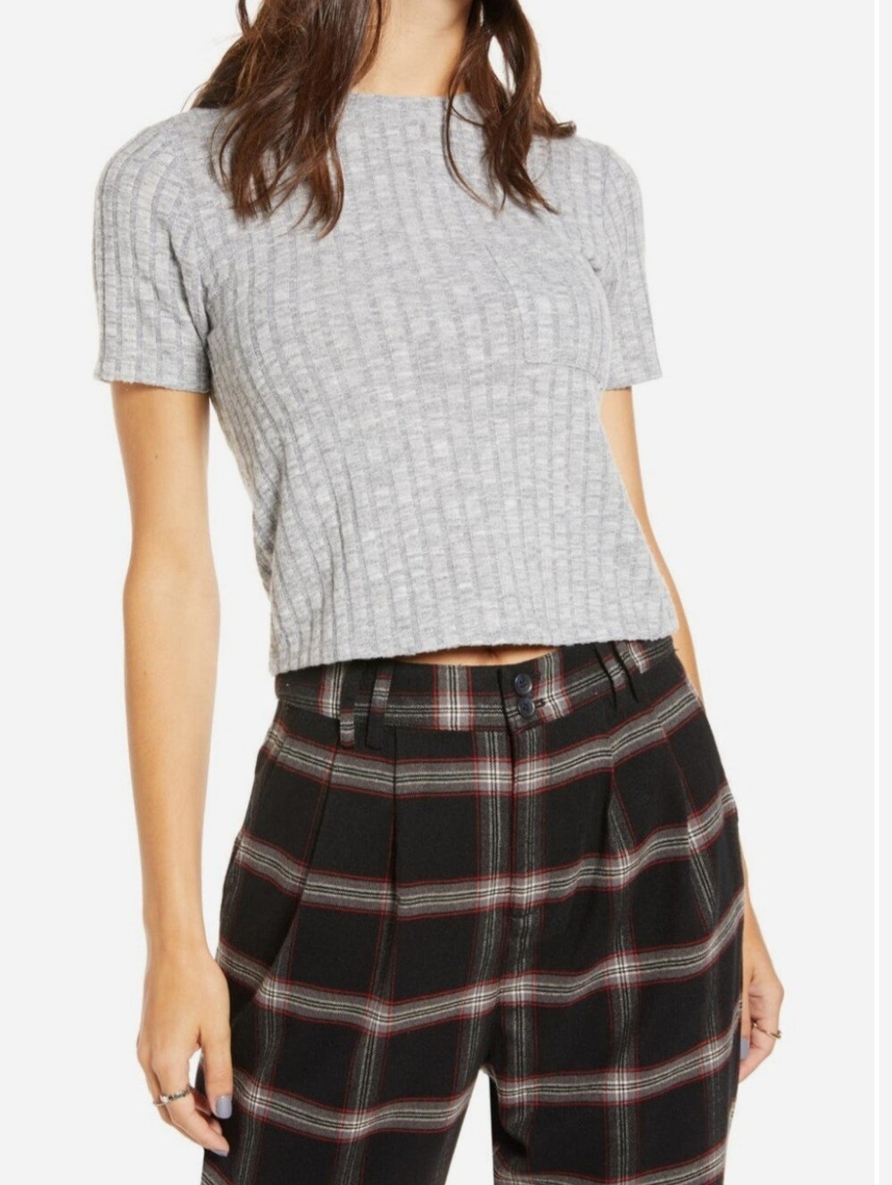 BP X Claudia Sulewski Womens Grey Crewneck Short Sleeve Varigated Texture M Top